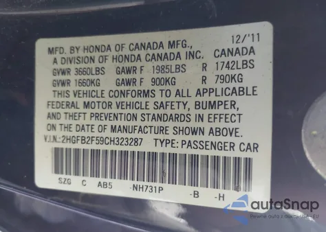 2012 Honda Civic Lx from USA, damaged, VIN 2HGFB2F59CH323287